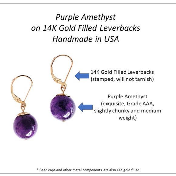 Purple Amethyst Earrings 14K Gold Filled Leverbacks for Women Handmade in USA - Picture 2 of 4